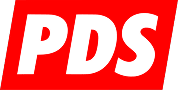 Logo PDS rectangulaire incliné rouge avec les lettres PDS en blanc, symbole graphique fort.