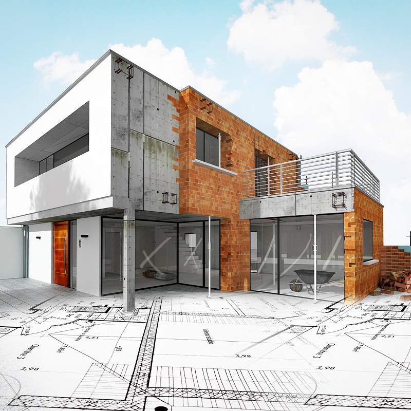 Maison moderne en construction, béton, briques rouges, façade blanche, sur plan architectural avec textes 'Chambre 3', 'Villa Studio'.