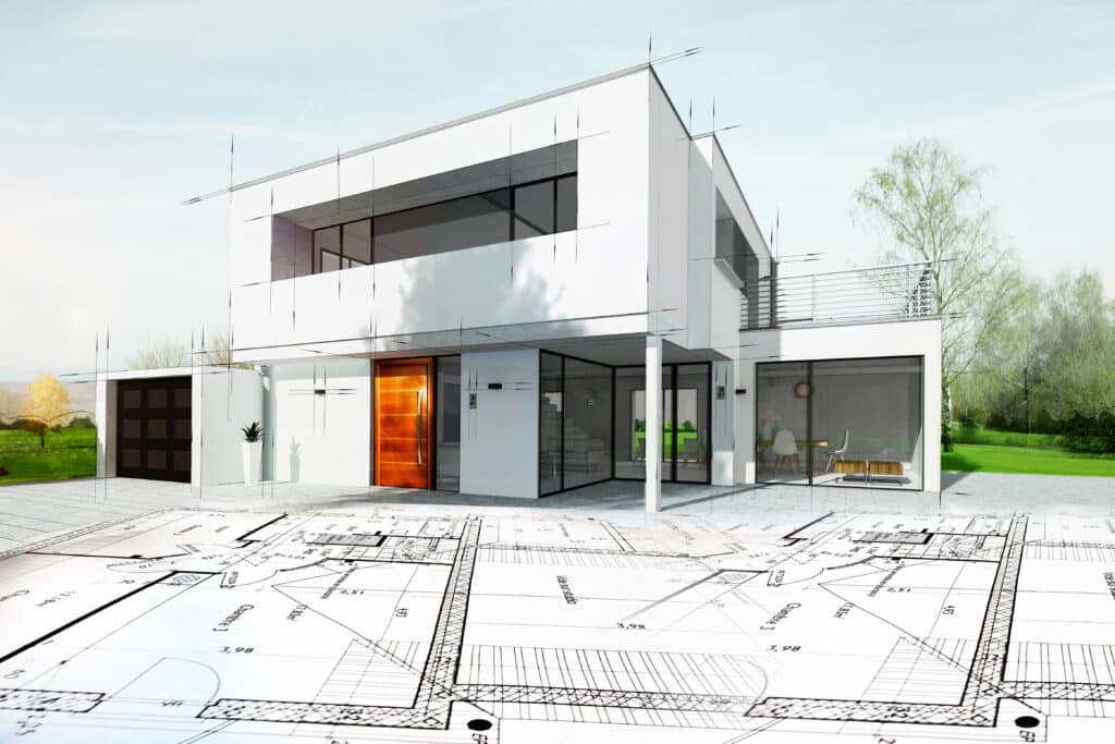 Rendu 3D/esquisse d'une maison moderne blanche avec garage. Sur des plans architecturaux, texte visible: "Chambre 1", "Chambre 3".