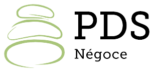 Logo PDS Négoce avec trois pierres vertes stylisées empilées, symbolisant l'équilibre.